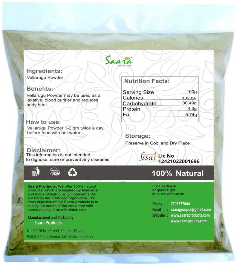 Saara HERBALFRESH Vellarugu Powder 100g Chotta Chirayata Indian Whitehead Arka Powder Pack of 1 X 100g - Image 2