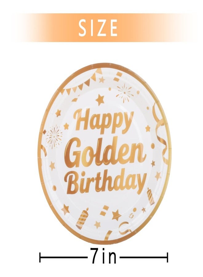 Pandecor 50 Pieces Happy Golden Birthday Party Disposable Paper Plates,7 inches White Gold Cake Dessert Plates for Golden Birthday Party Decorations - Image 2