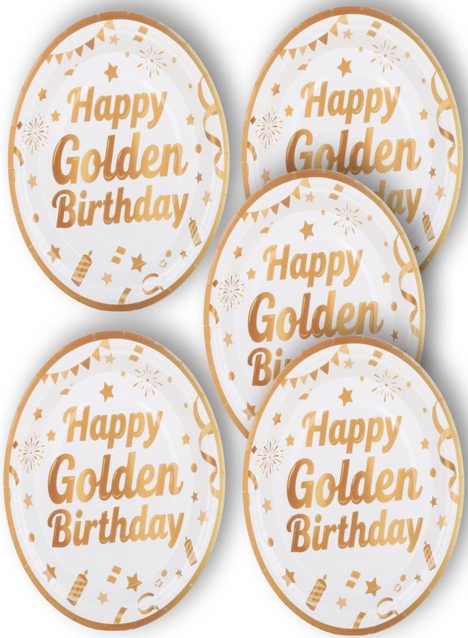 Pandecor 50 Pieces Happy Golden Birthday Party Disposable Paper Plates,7 inches White Gold Cake Dessert Plates for Golden Birthday Party Decorations - Image 3
