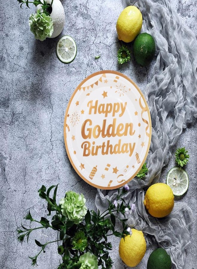 Pandecor 50 Pieces Happy Golden Birthday Party Disposable Paper Plates,7 inches White Gold Cake Dessert Plates for Golden Birthday Party Decorations - Image 4