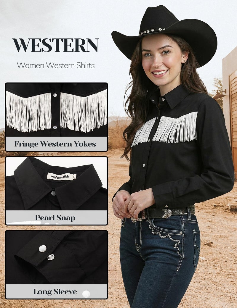 Noomelfish Women's Fringe Western Shirt Pearl Snap Button Down Cowgirl Long Sleeve Blouse Tops, Black, X-Large - Image 4