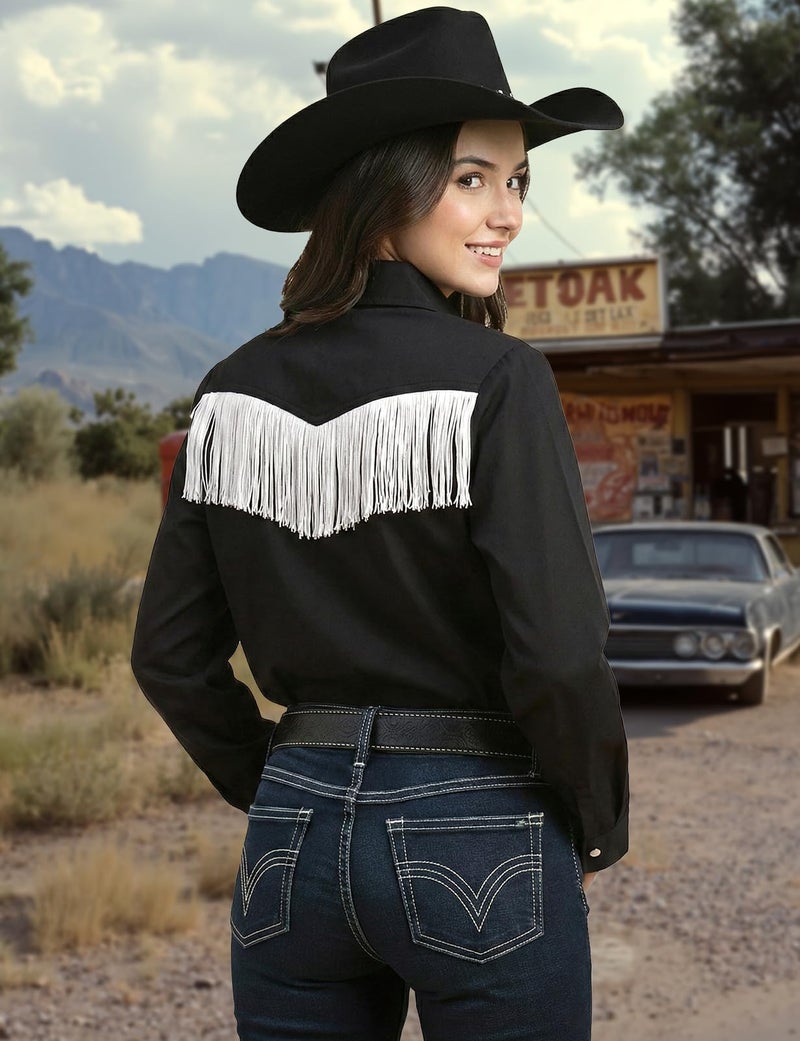 Noomelfish Women's Fringe Western Shirt Pearl Snap Button Down Cowgirl Long Sleeve Blouse Tops, Black, X-Large - Image 2
