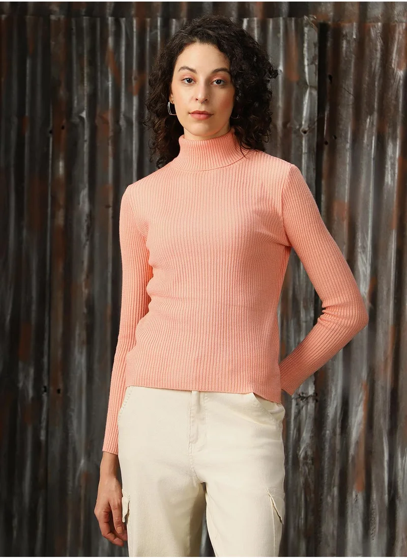 هاي ستار Women's Peach 100% Acrylic Solid Regular Fit Sweater