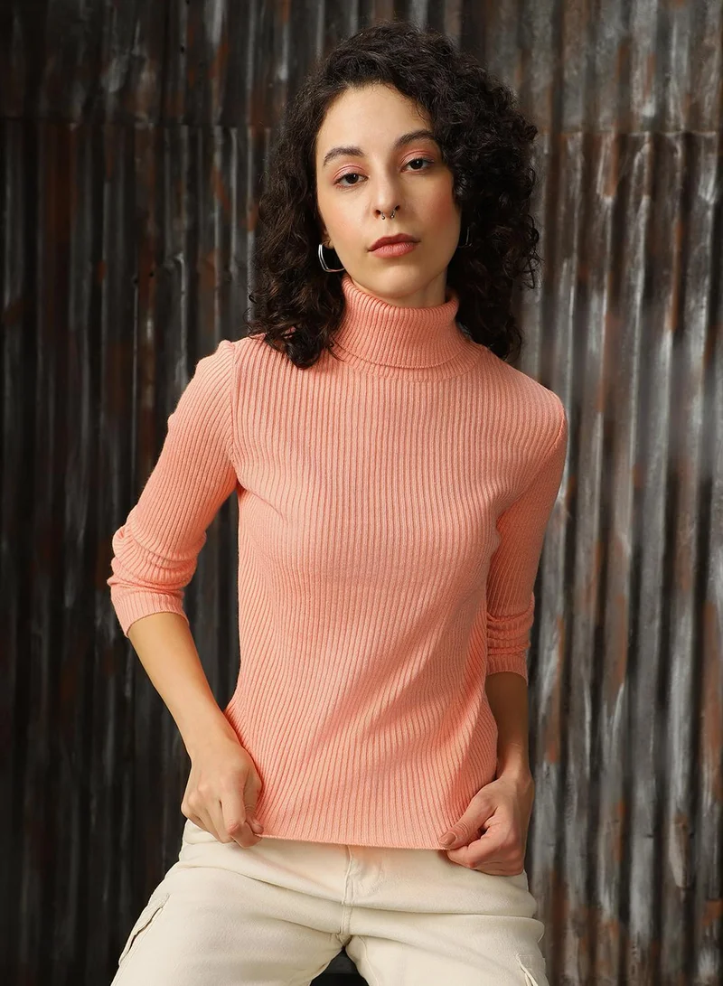 HIGH STAR Women's Peach 100% Acrylic Solid Regular Fit Sweater