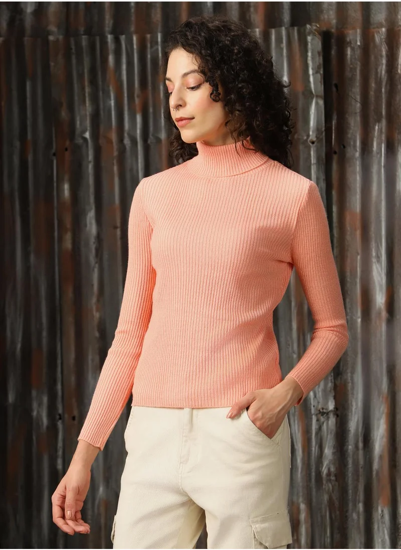 هاي ستار Women's Peach 100% Acrylic Solid Regular Fit Sweater