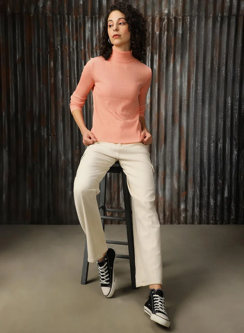 HIGH STAR Women's Peach 100% Acrylic Solid Regular Fit Sweater