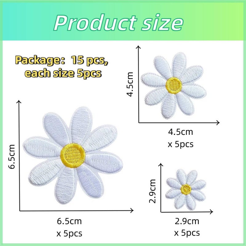 MISDONR 15Pcs Daisy Flower Iron On Patches 3 Sizes, Cute Embroidery Applique Patches for Girls Clothes Hats Bags Jackets Jeans DIY Decoration - Image 2