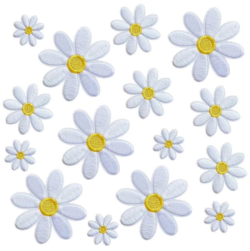 MISDONR 15Pcs Daisy Flower Iron On Patches 3 Sizes, Cute Embroidery Applique Patches for Girls Clothes Hats Bags Jackets Jeans DIY Decoration - Image 1