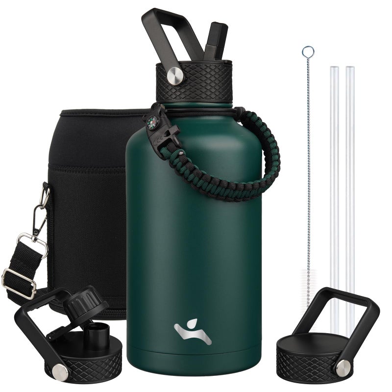Konokyo Half Gallon Insulated Water Bottle with Straw,64 oz 3 Lids Water Jug with Carrying Bag,Paracord Handle,Double Wall Vacuum Stainless Steel Metal Flask,Dark Green - Image 1