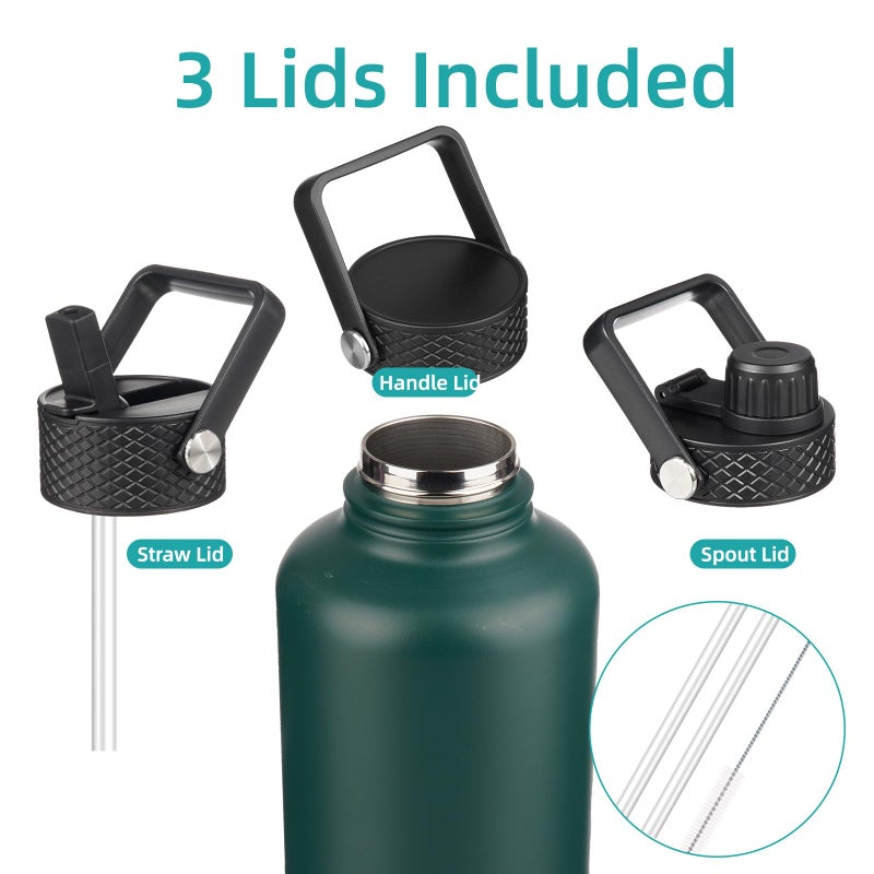 Konokyo Half Gallon Insulated Water Bottle with Straw,64 oz 3 Lids Water Jug with Carrying Bag,Paracord Handle,Double Wall Vacuum Stainless Steel Metal Flask,Dark Green - Image 4