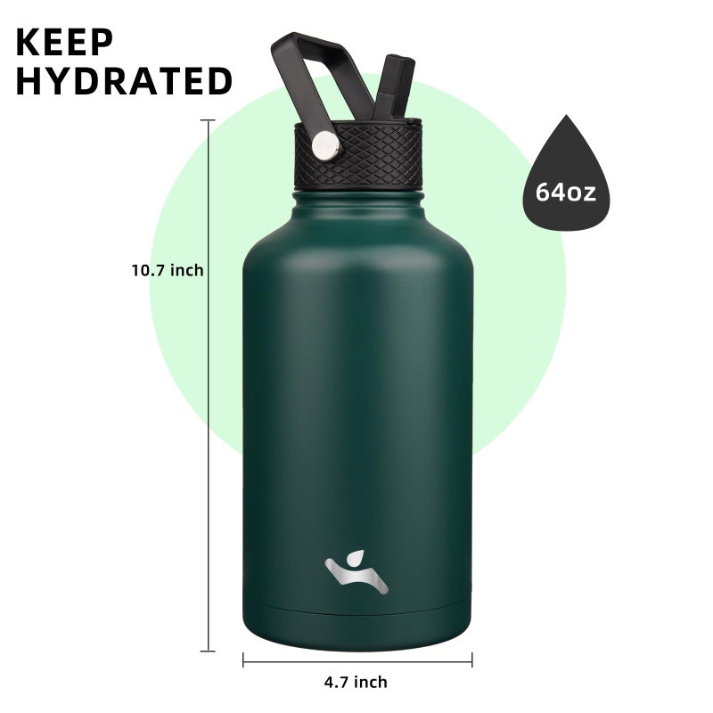 Konokyo Half Gallon Insulated Water Bottle with Straw,64 oz 3 Lids Water Jug with Carrying Bag,Paracord Handle,Double Wall Vacuum Stainless Steel Metal Flask,Dark Green - Image 3
