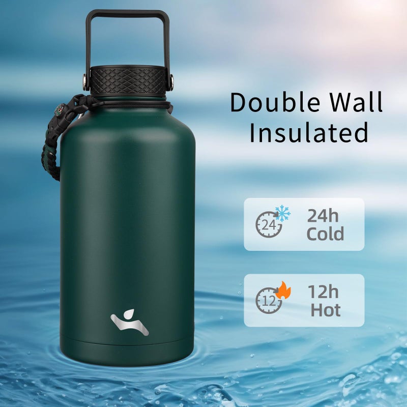 Konokyo Half Gallon Insulated Water Bottle with Straw,64 oz 3 Lids Water Jug with Carrying Bag,Paracord Handle,Double Wall Vacuum Stainless Steel Metal Flask,Dark Green - Image 2