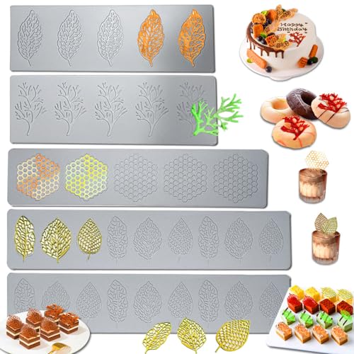 Acxydm 5PCS Leaf Molds Silicone,Acxydm Tuile Molds Silicone Baking Mold,Fondant Chocolate Molds Set with Silicone Leaf Mold and 3D Beehive Candy Lace Silicone Molds for Making Sugar Craft,Cupcakes - Image 1