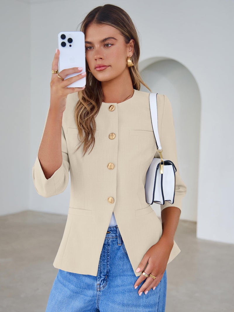 Simplee Womens Business Casual Blazers Spring Fashion Collarless Button Down 3/4 Sleeve Dressy Blazer Jacket Work Outfits Apricot XL - Image 2