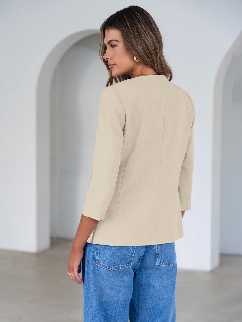 Simplee Womens Business Casual Blazers Spring Fashion Collarless Button Down 3/4 Sleeve Dressy Blazer Jacket Work Outfits Apricot XL - Image 4