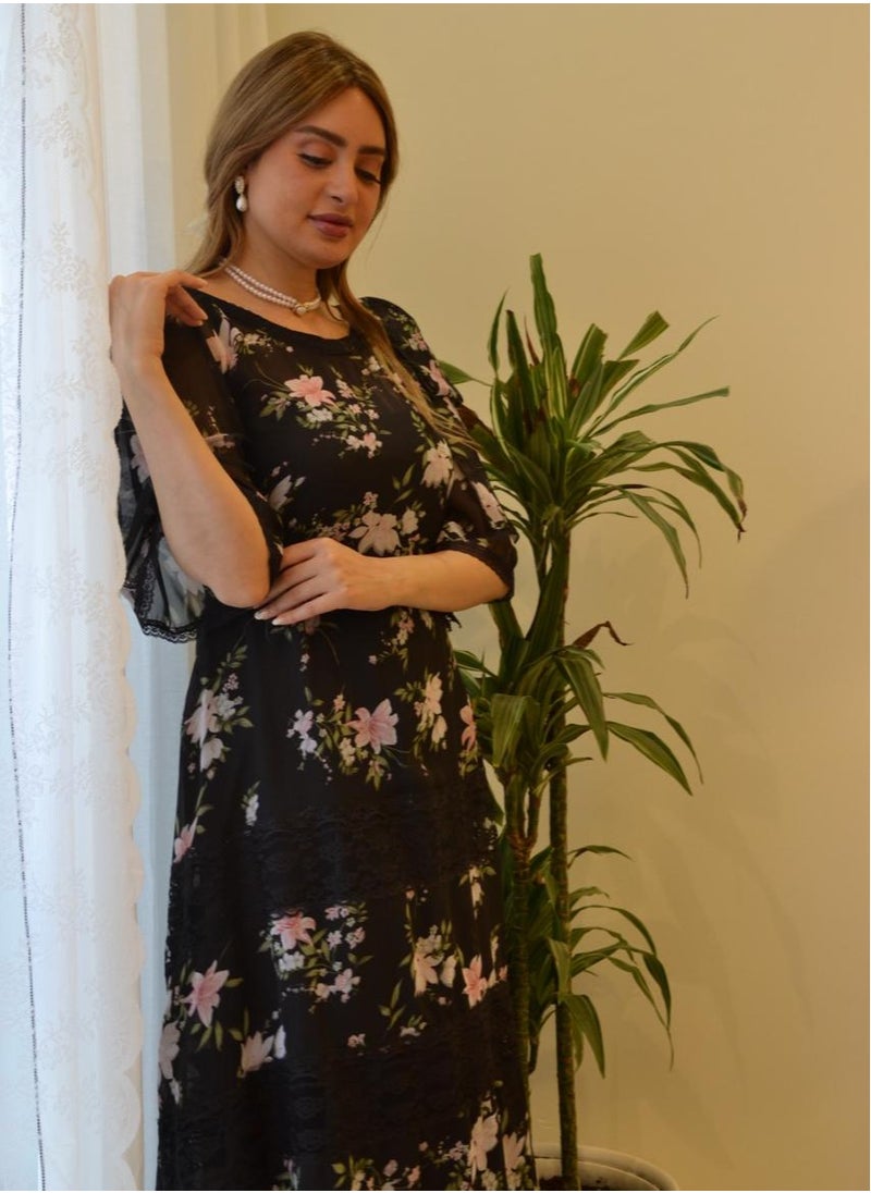 ماركة غير محددة - فستان شيفون اسود مع كلفة تل فرنسي - Image 1