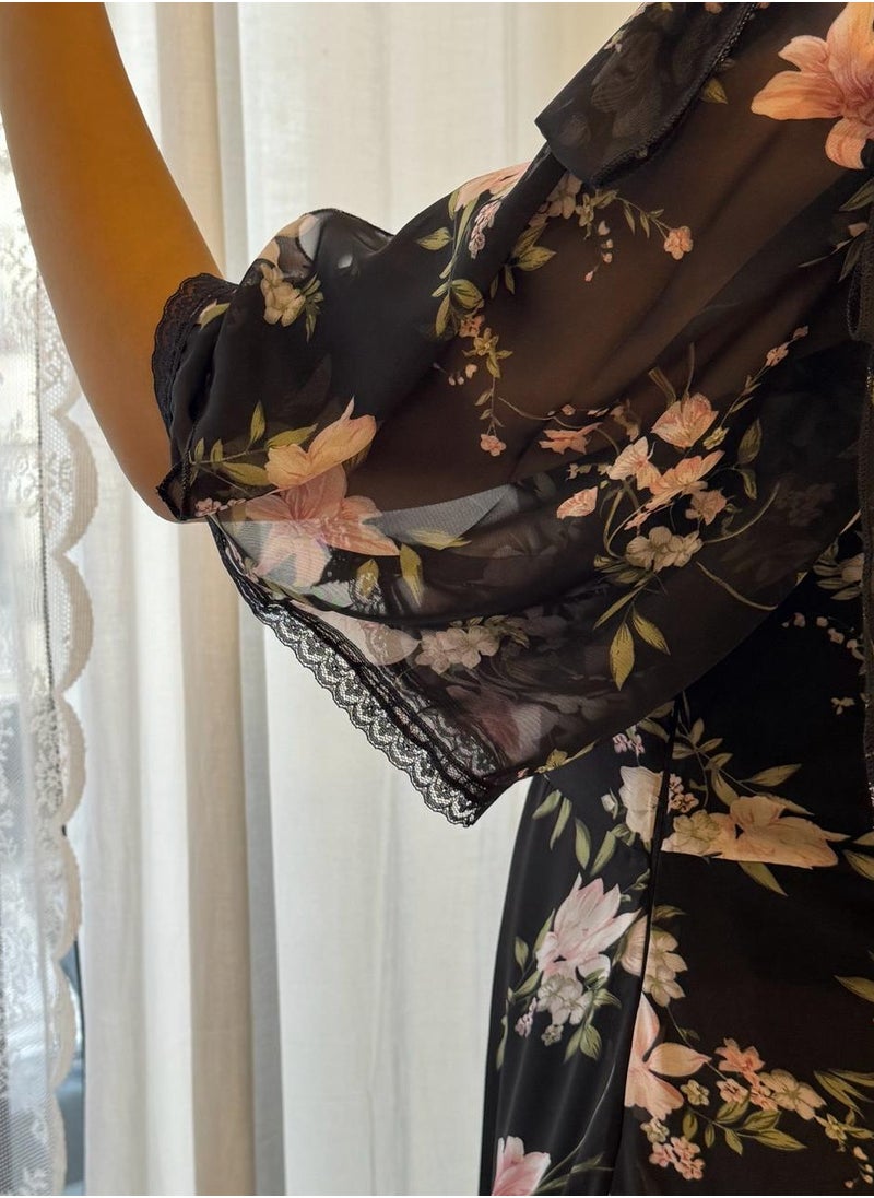 ماركة غير محددة - فستان شيفون اسود مع كلفة تل فرنسي - Image 1