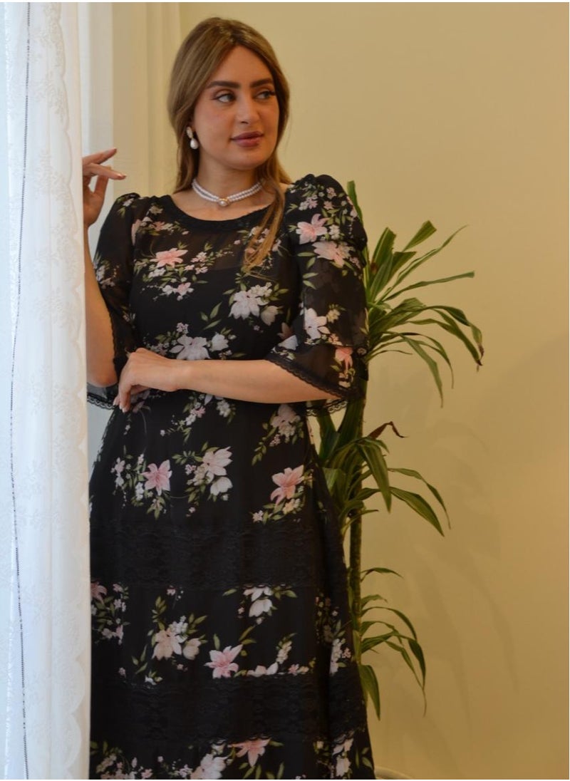 ماركة غير محددة - فستان شيفون اسود مع كلفة تل فرنسي - Image 1