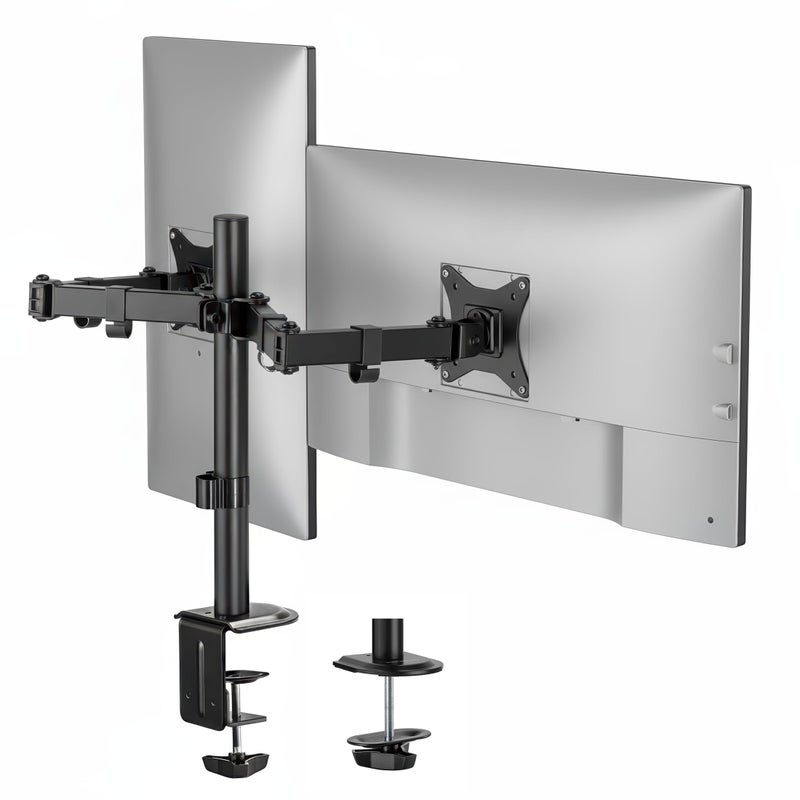 Mount-It! Dual Monitor Stand, Full Motion Desk Mount for 2 Screens up to 32â€ and 19.8 lbs Each, Tilt Swivel Rotate, VESA 75x75 & 100x100, Adjustable Dual Screen Arm with C-Clamp or Grommet - Image 1