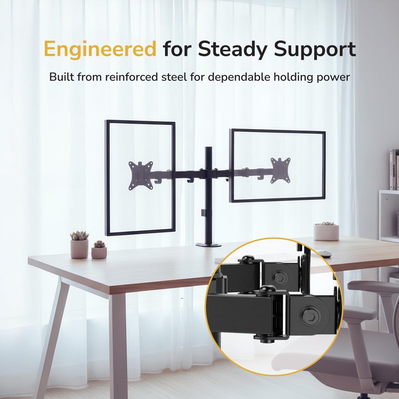 Mount-It! Dual Monitor Stand, Full Motion Desk Mount for 2 Screens up to 32â€ and 19.8 lbs Each, Tilt Swivel Rotate, VESA 75x75 & 100x100, Adjustable Dual Screen Arm with C-Clamp or Grommet - Image 3
