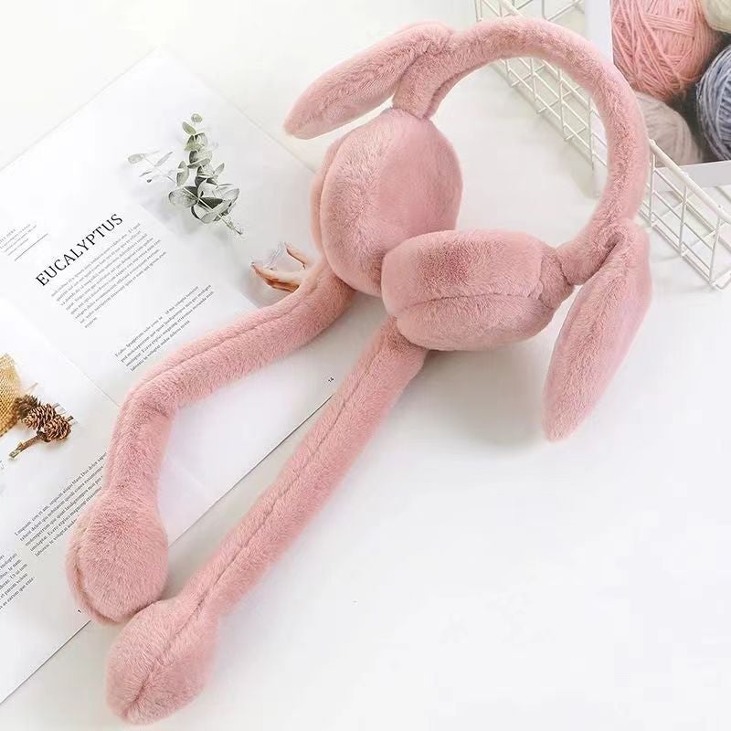24-year-old trembles with cartoon rabbit ears earmuffs winter warm thick plush Korean version of air bag ears moving earmuffs Leather powder [no embroidery airbag rabbit earmuff]] 