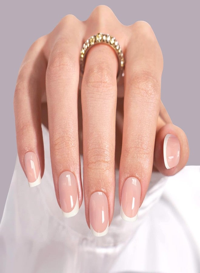 GJNL Press On Nails Short, French Round Nails Manicure Gifts for Women, Glossy, Semi-Transparent, Reusable | 16 Sizes - 32 Nails with Nail Adhesive Tabs - Image 1