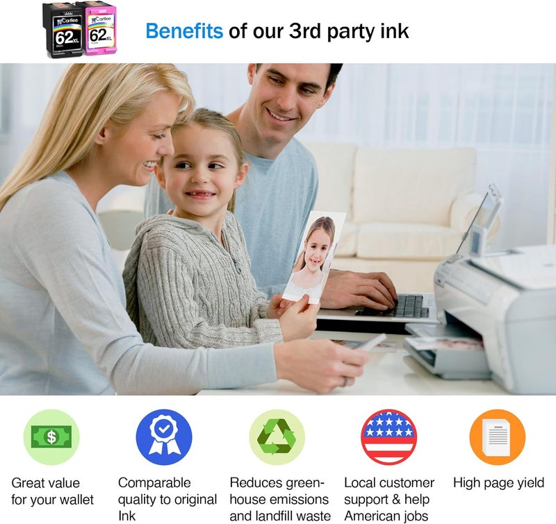 Cartlee خرطوشة حبر معاد تصنيعها من بديلة لخراطيش HP 62xl باللونين الأسود والملون لطابعة HP Envy 7640، حزمة مزدوجة من خراطيش HP Ink 62xl باللونين الأسود والملون، عبوة من 2 خرطوشة HP Ink 62 XL - Image 2