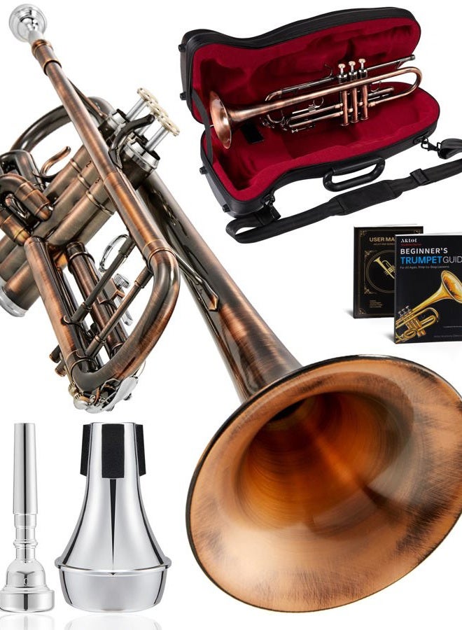 AKLOT Vintage Rose Bb Trumpet: Phosphor Bronze Bell, Smooth Monel Valves, Double Tuning Slide Braces, Standard Trumpet with Premium Leather Case, Lesson Book, Trumpet Mute, Cleaning Kit (SNR-PriTB) - Image 1