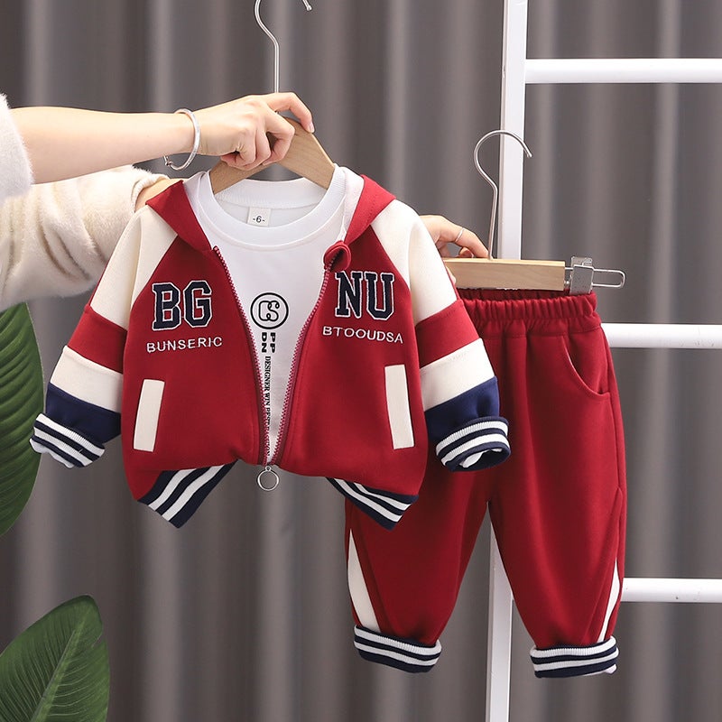 Spring and Autumn New style childrens western style stitching letter hooded long sleeve three-piece set Cool Spring Korean style long sleeve suit Red