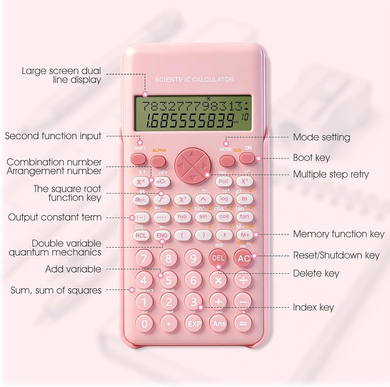 Scientific Calculator, 240 Functions LCD Maths Calculator with Sliding Protective Cover, School Calculators for Office Home Business Teachers (Pink) - Image 4