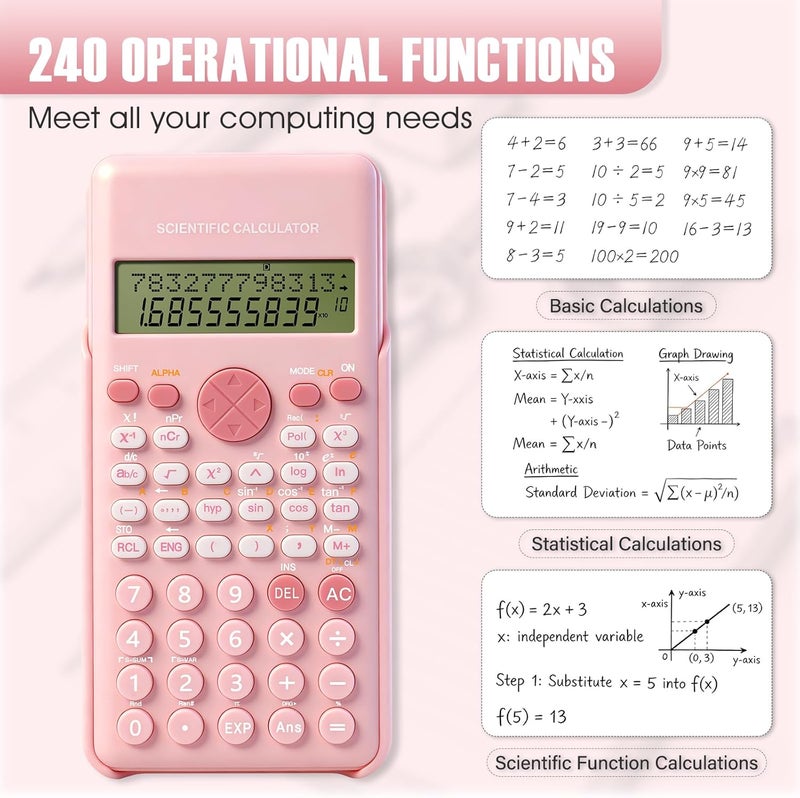 Scientific Calculator, 240 Functions LCD Maths Calculator with Sliding Protective Cover, School Calculators for Office Home Business Teachers (Pink) - Image 5