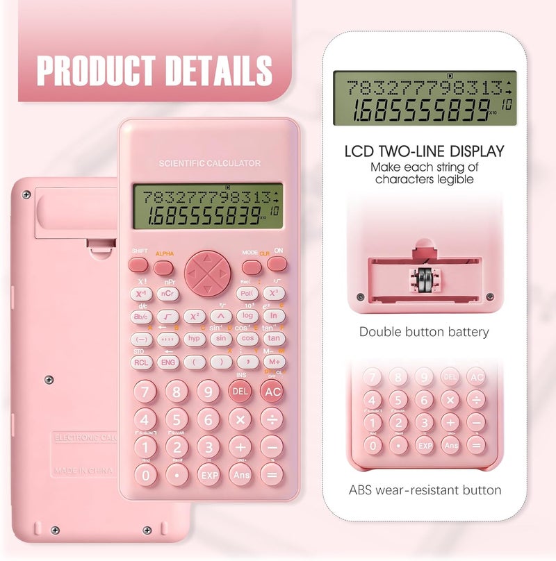Scientific Calculator, 240 Functions LCD Maths Calculator with Sliding Protective Cover, School Calculators for Office Home Business Teachers (Pink) - Image 2