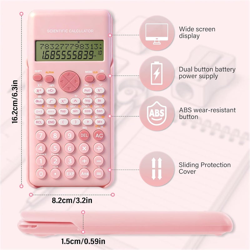 Scientific Calculator, 240 Functions LCD Maths Calculator with Sliding Protective Cover, School Calculators for Office Home Business Teachers (Pink) - Image 1