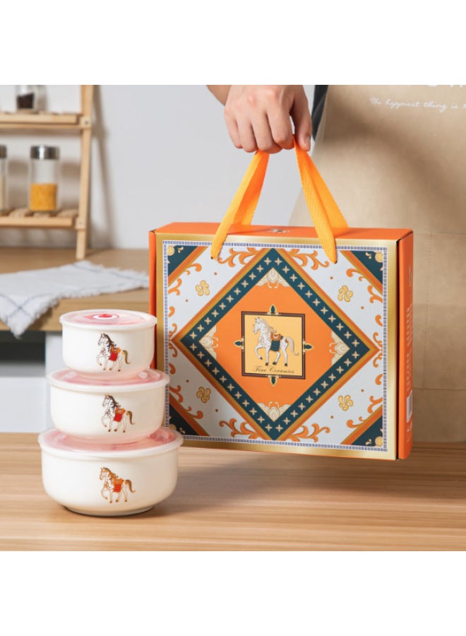 Ceramic Fresh-keeping Bowl Three-piece Sealed Bowl Gift Bowl Set Gift Box Wedding Will Sell Wholesale Printed LOGO-Specifications:Horse-Color:Fresh Bowl Medium Single Color Box/60 Sets Of A Box - Image 1