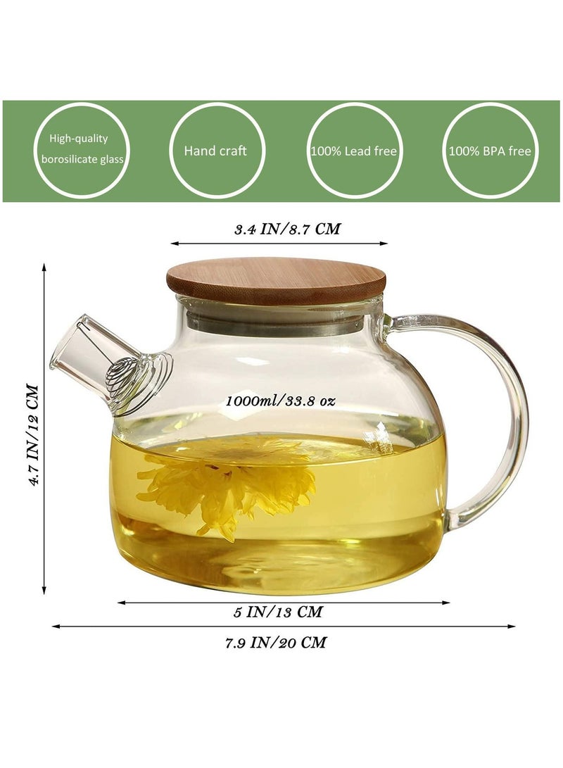 Glass Teapot Stovetop Microwave Safe Heat Resistant Glass Borosilicate Teapot Glass Kettle with Removable Filter Spout for Loose Leaf Tea Blooming Tea (1L)  - Image 2
