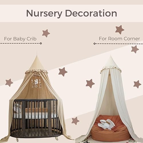Wonder Space Kids Bed Canopy with Ruffles, Pastel Neutral Color for Boys & Girls, Frilled Cotton Tent Nursery Room Baby Crib Hanging Curtain Mosquito Netting Children Reading Nook Decoration (Nougat) - Image 5