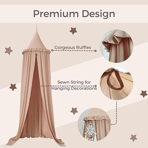 Wonder Space Kids Bed Canopy with Ruffles, Pastel Neutral Color for Boys & Girls, Frilled Cotton Tent Nursery Room Baby Crib Hanging Curtain Mosquito Netting Children Reading Nook Decoration (Nougat) - Image 3