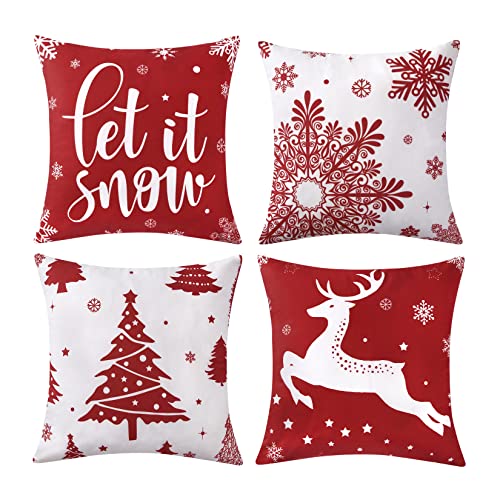 CAROMIO Christmas Decorations Velvet Pillow Covers 18x18 Inch Set of 4 Farmhouse Outdoor Decorative Pillows Winter Holiday Decor Snowflake Xmas Tree Deer Throw Cushion Covers for Sofa Couch Red - Image 1