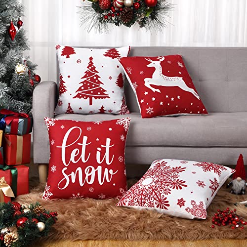 CAROMIO Christmas Decorations Velvet Pillow Covers 18x18 Inch Set of 4 Farmhouse Outdoor Decorative Pillows Winter Holiday Decor Snowflake Xmas Tree Deer Throw Cushion Covers for Sofa Couch Red - Image 3