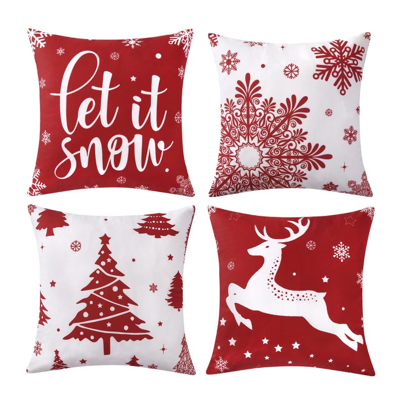 CAROMIO Christmas Decorations Velvet Pillow Covers 18x18 Inch Set of 4 Farmhouse Outdoor Decorative Pillows Winter Holiday Decor Snowflake Xmas Tree Deer Throw Cushion Covers for Sofa Couch Red - Image 2