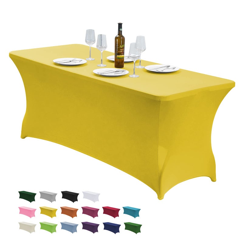 CWK 4FT Stretch Spandex Table Cover for Rectangular Fitted Folding Tables Wrinkle Resistant Elastic Stretchable Patio Tablecloth Protector for Party Banquet Wedding and Events Yellow