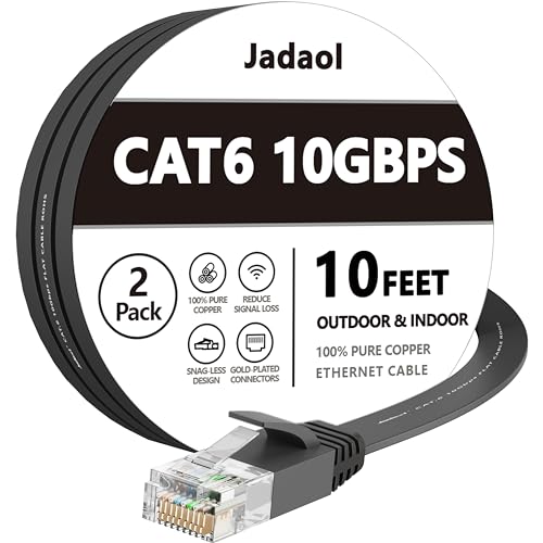 Jadaol Cat 6 Ethernet Cable 10ft 2Pack, Outdoor&Indoor, Flat High Speed 10Gbps Patch LAN Cord, Support Cat8/7 Network, Short Ethernet Cable for Router, Modem, Switch, PC, Laptop, Gaming Console, Black - Image 1
