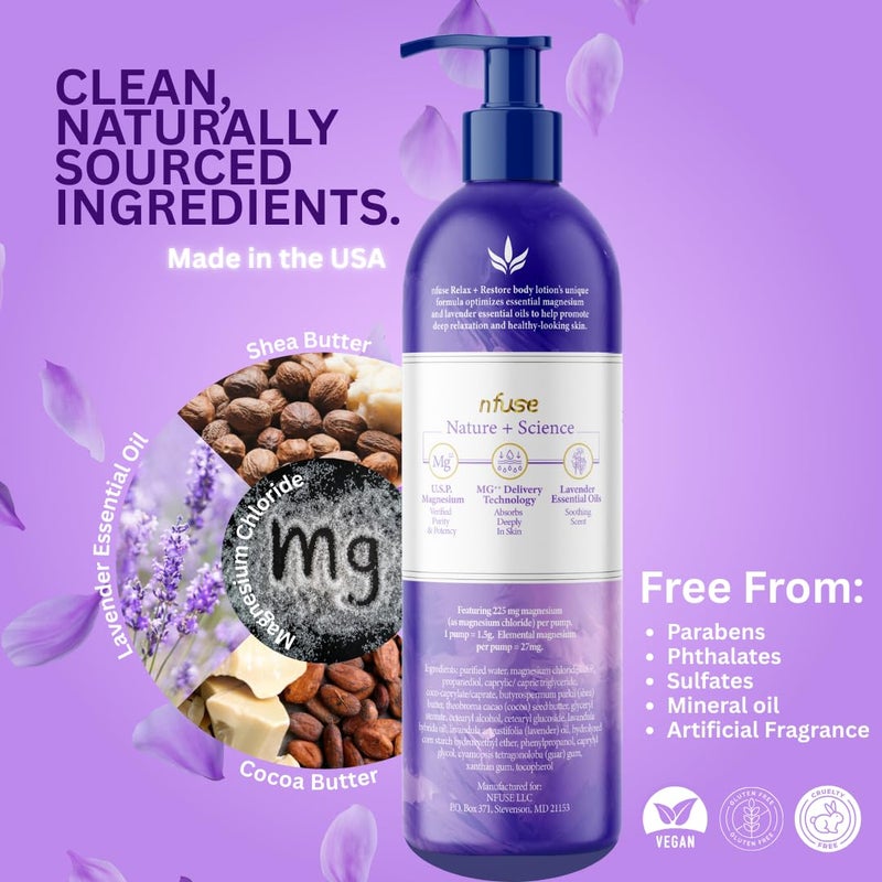 nfuse Magnesium Lotion - 225 mg USP Magnesium Chloride, Lavender Essential Oils, Fast Absorbing, Calming, Stress Relief & Muscle Relaxation - Natural Body Lotion, 8 oz - Image 2