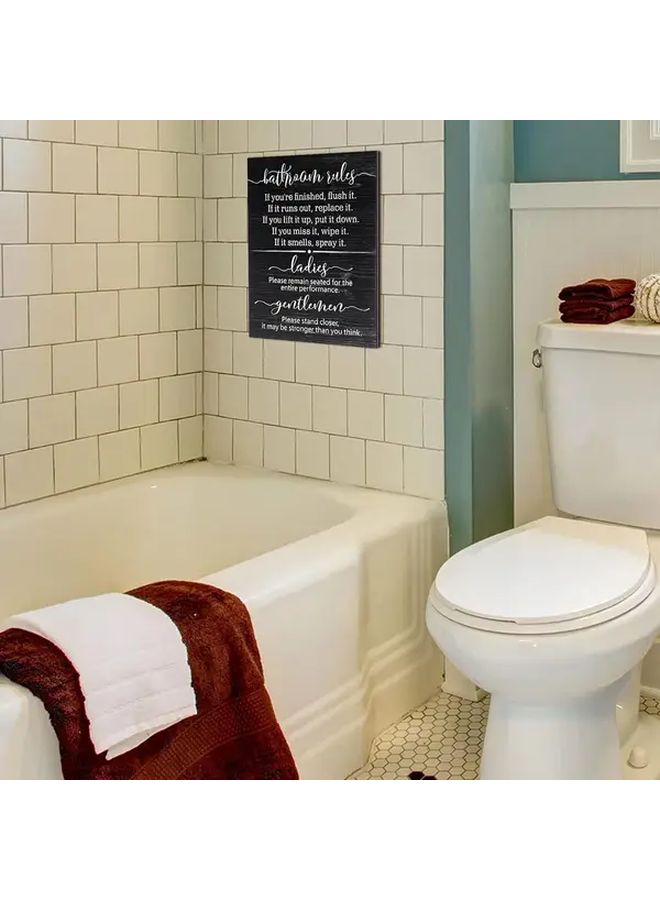 Funny Farmhouse Bathroom Rules Sign Black Rustic Wood Wall Decor 13 8x10 6 Inch - Image 1