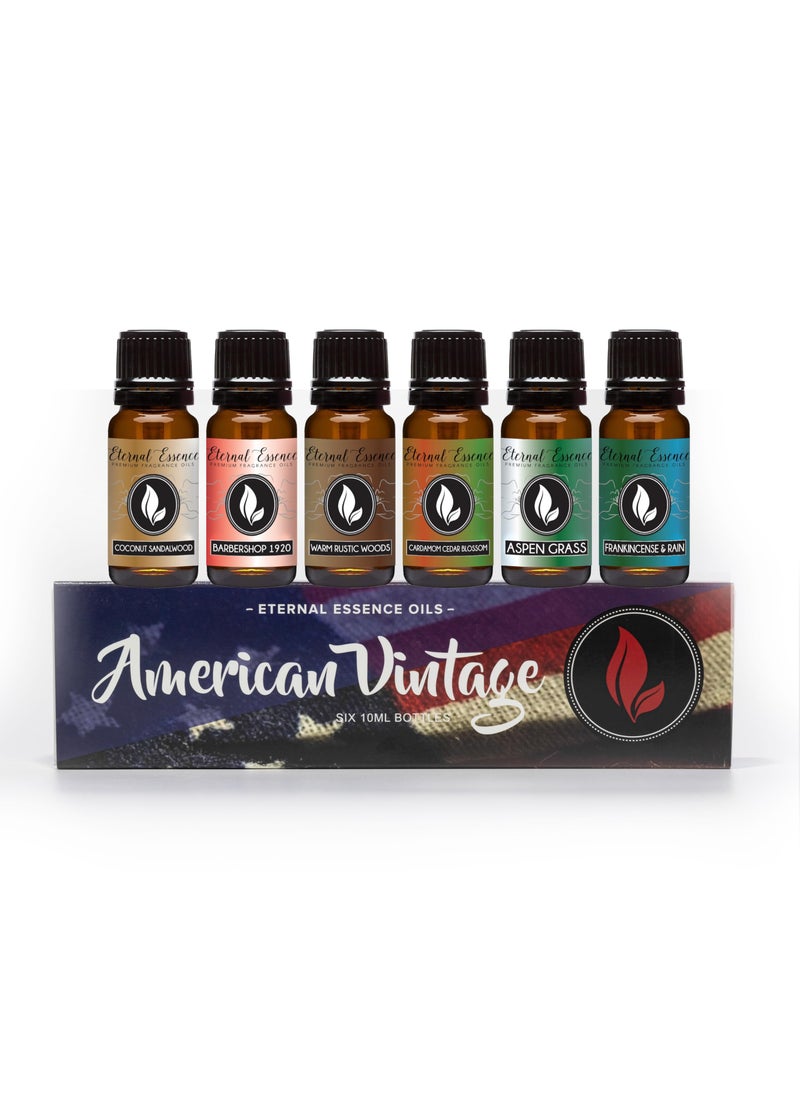 Eternal Essence Oils Eternal Essence Oils American Vintage Set of 6 Premium Fragrance Oils - Sandalwood Vanilla, Frankincense & Rain, Cardamom Cedar Blossom, Aspen Grass, Warm Rustic Woods, and Barbershop 1920-10ML  - Image 1