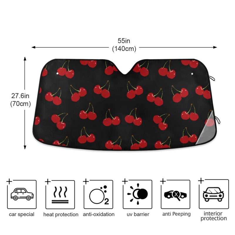 Oarencol Red Cherry Black Car Windshield Sun Shade Foldable UV Ray Sun Visor Protector Sunshade to Keep Your Vehicle Cool (55" x 27.6") - Image 4