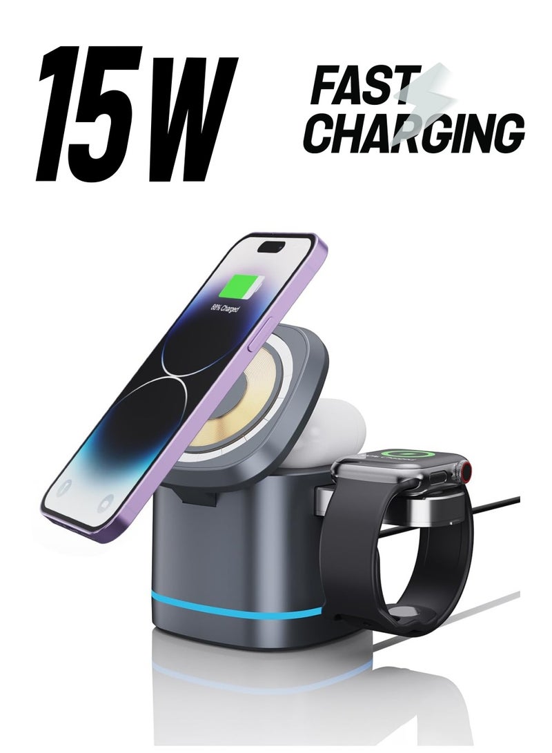 Excefore 3-in-1 Magnetic Foldable Wireless Charger, 15W Fast Charging Dock for iPhone 15/14/13/12, APods 3/2/Pro, iWatch 1-8/Ultra - Image 1