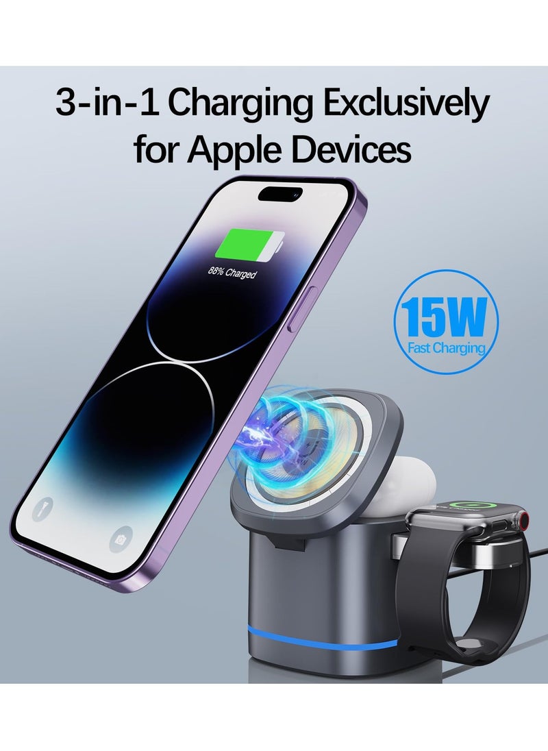 Excefore - 3-in-1 Magnetic Foldable Wireless Charger, 15W Fast Charging Dock for iPhone 15/14/13/12, APods 3/2/Pro, iWatch 1-8/Ultra - Image 1