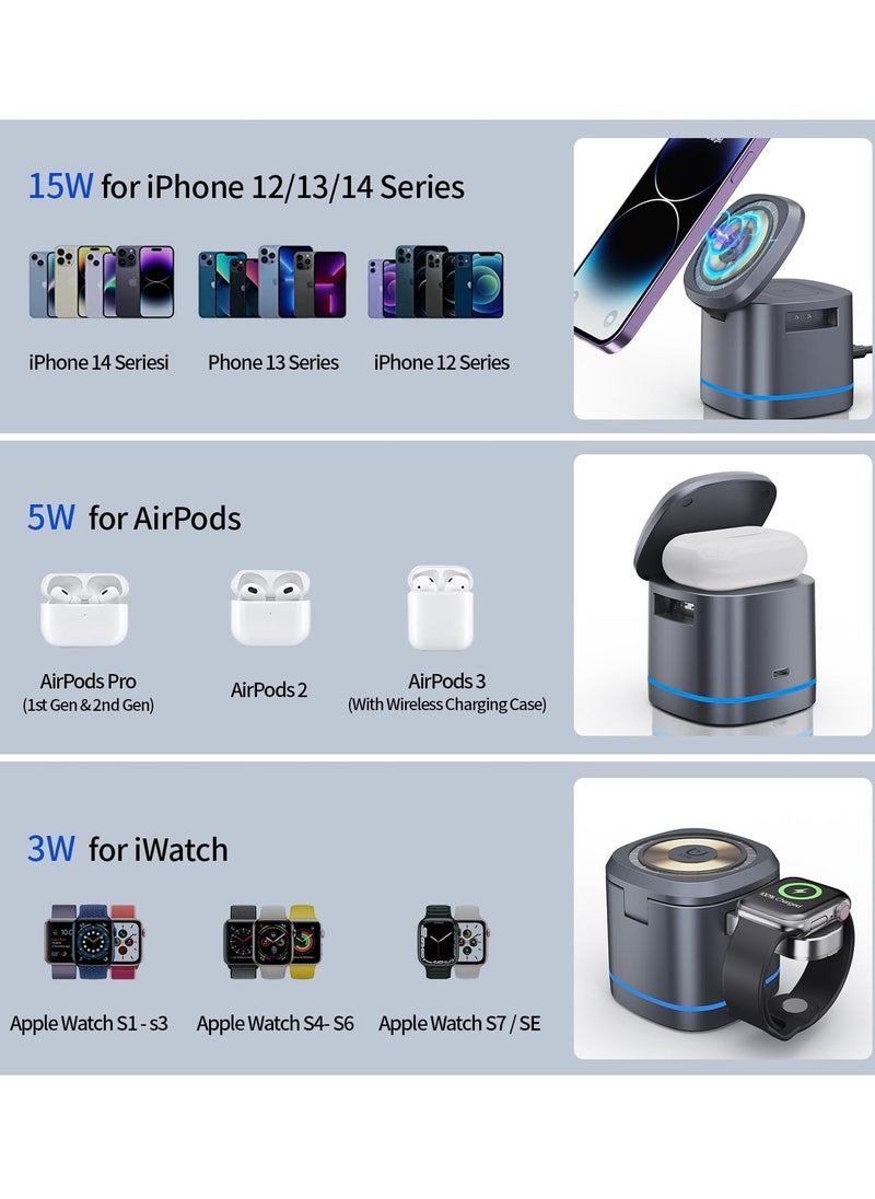 Excefore - 3-in-1 Magnetic Foldable Wireless Charger, 15W Fast Charging Dock for iPhone 15/14/13/12, APods 3/2/Pro, iWatch 1-8/Ultra - Image 1