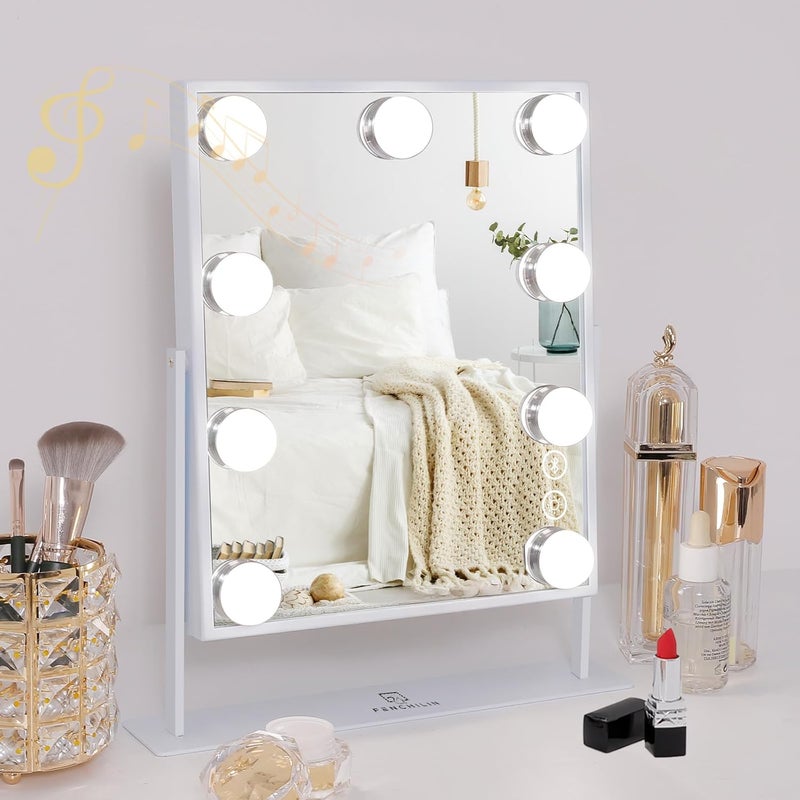 FENCHILIN Vanity Mirror with Lights 9 Dimmable Bulbs Makeup Mirror with Smart Touch Control for Glam Room Bedroom Detachable 10X Magnification Rotation Tabletop White - Image 1